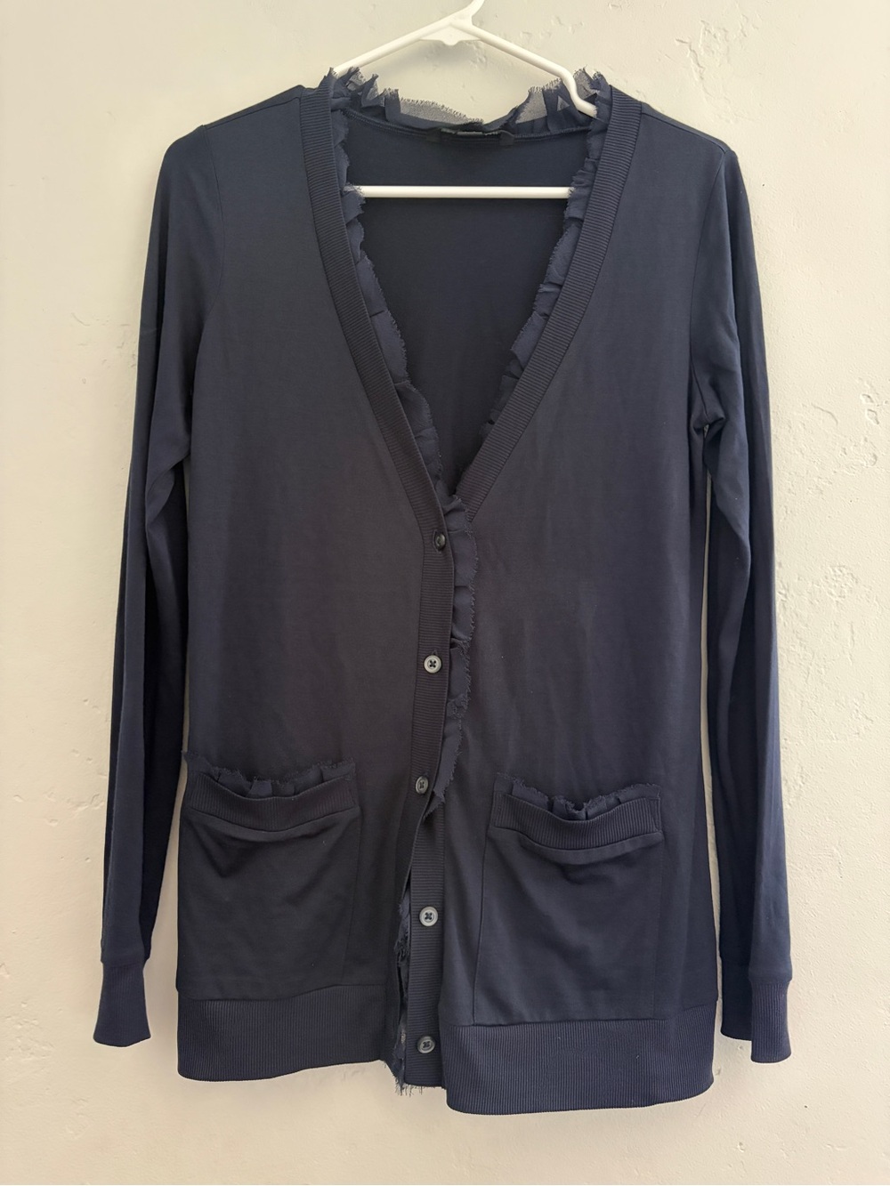 Banana Repbulic Silk Cotton Navy Ruffle-Trim Cardigan